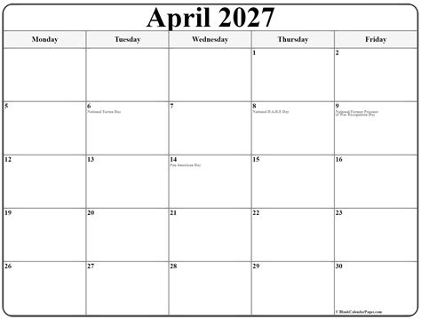 April 2027 Monday Calendar | Monday to Sunday