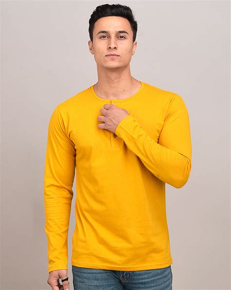 Plain Yellow Henley Full Sleeves T-Shirt – feranoid