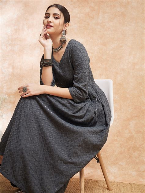 Grey Chikankari Long Anarkali Kurta Sharara Set - InWeave