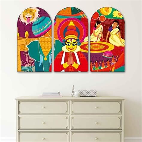 SAF Kerala Kathakali Traditional Arch Shape Set of 3 MDF Framed Wall ...