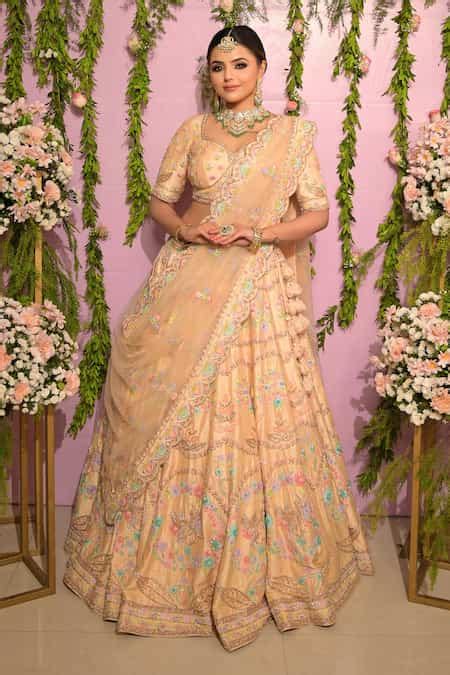 Buy Peach Silk, Net, Nylon Embroidery, Zari Resham Hand Bridal Lehenga ...