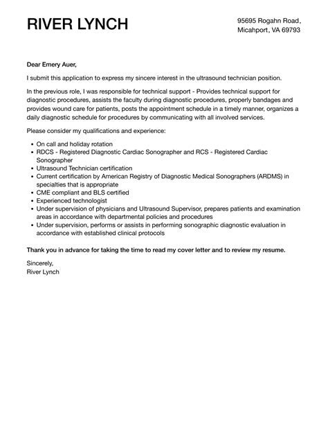 Ultrasound Technician Cover Letter | Velvet Jobs