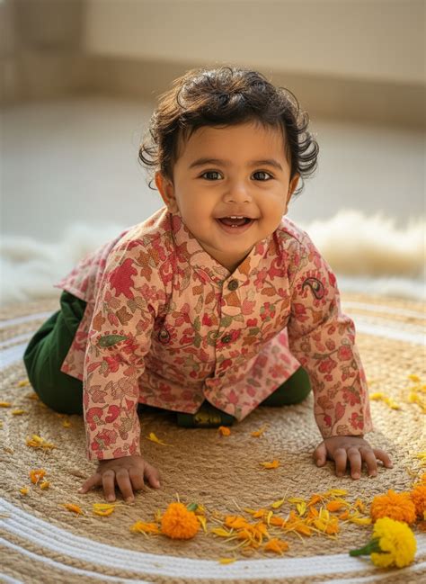 Traditional Indian Multi floral Autumn Baby Boy Silk Kurta Green Dhoti ...