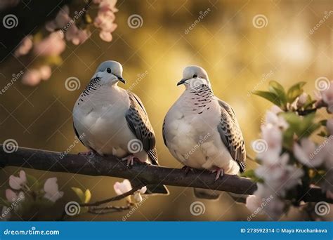 Two Turtle Doves on Tree Branch with Pink Flowers Stock Illustration ...