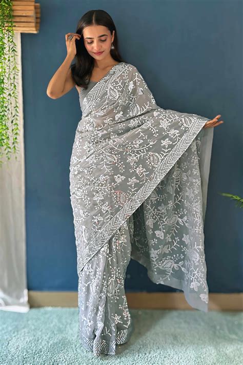 Grey Sequins Embellished Georgette Saree with Delicate Embroidery and