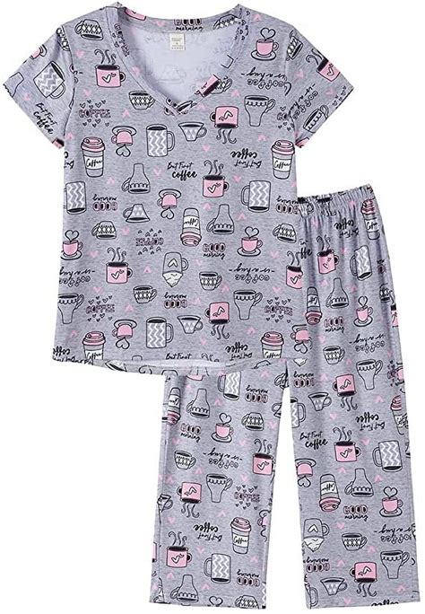 MyFav Women's Plus Size Capri Pajama Set, Printed V-Neck Top and Capri ...