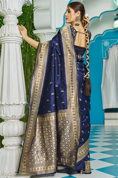 Stunning Navy Blue Banarasi Silk Saree With Staggering Blouse Piece ...