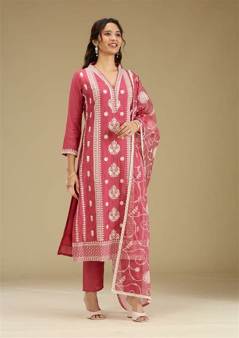 Buy Dark Onion Pink Threadwork Semi Crepe Readymade Salwar Suit - Koskii