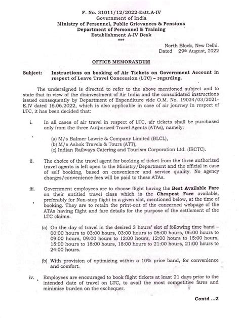 Instructions on booking of Air Tickets on Government Account in respect ...