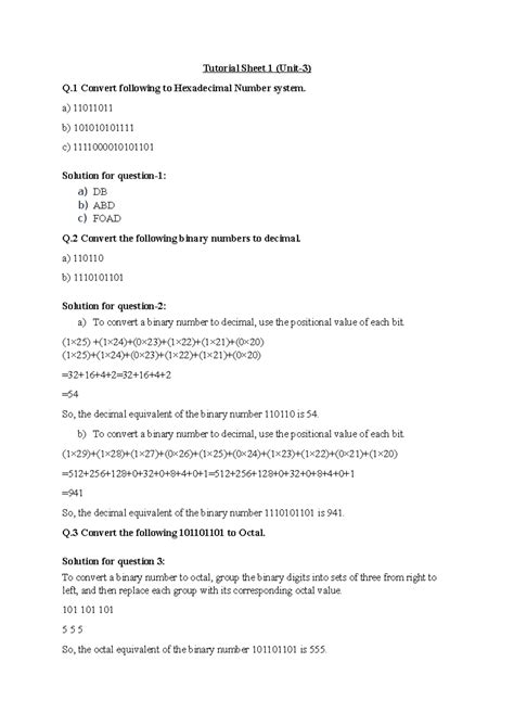 Tutorial Sheet 1: Conversions Between Number Systems (Unit-3) - Studocu