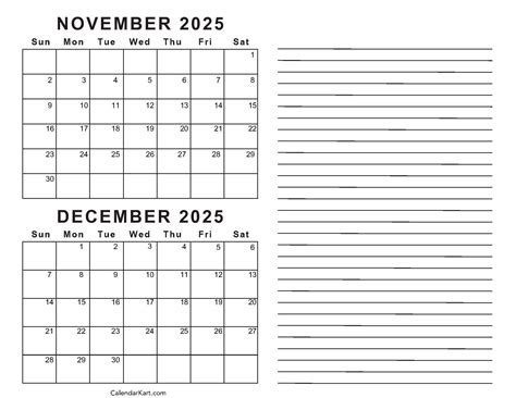 November December 2025 Calendar Printable - Printable 2025 Calendar