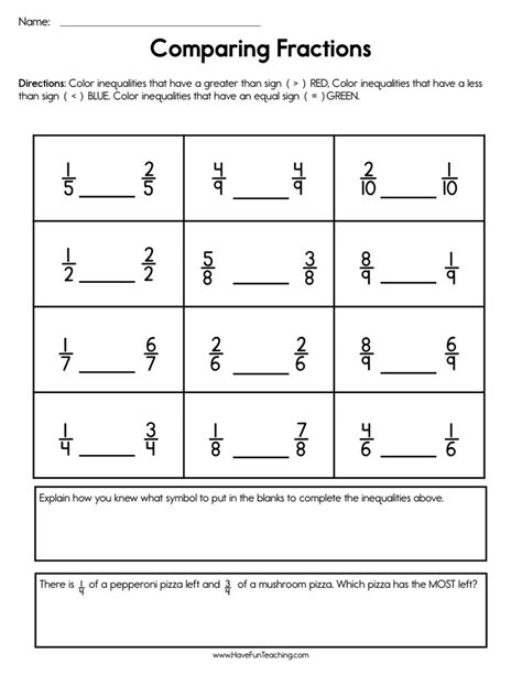 Image result for Comparing Fractions Word Problems Worksheet