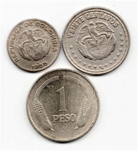 Colombia Variety Of 3 Used Coins (1 Peso, 20 Centavos, 10 Centavos ...