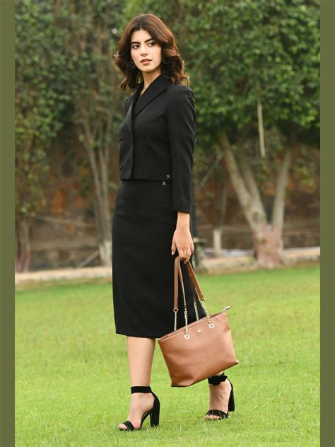 Exude Self-assurance Double-breasted Crop Blazer Top with Pencil Skirt