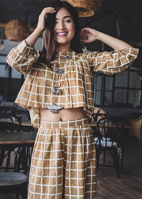 Elegant Hazel Brown Checks Sleeves Co Ord Sets for Women Online
