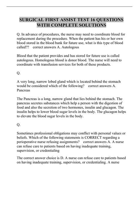 SURGICAL FIRST ASSIST TEST 16 QUESTIONS WITH COMPLETE SOLUTIONS ...