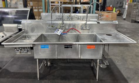 3 COMPARTMENT COMMERCIAL STAINLESS STEEL SINK W/ 4 FAUCETS | Vision Equipment