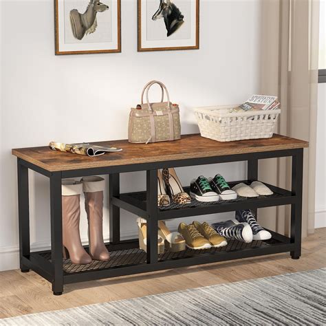 Tribesigns Industrial Shoe Bench, 3-Tier Shoe Rack with Seat, Shoe ...