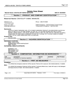 Fillable Online MSDS for #21259 - CRAYOLA FABRIC MRKRS. Material Safety ...