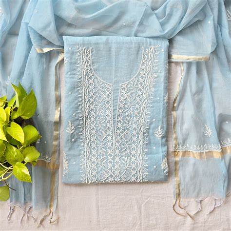 Chaudhavi ka Chand -Mul Chanderi Sky Blue With Heavy Aari Work Yoke To ...