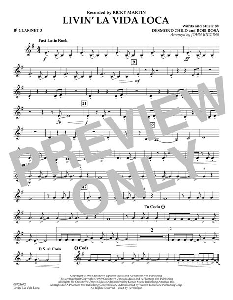 Livin' La Vida Loca (arr. John Higgins) - Bb Clarinet 3 by Ricky Martin ...