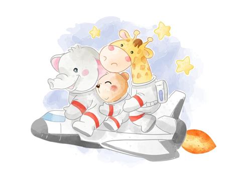 Cute animal friend riding rocket ship illustration | Premium Vector