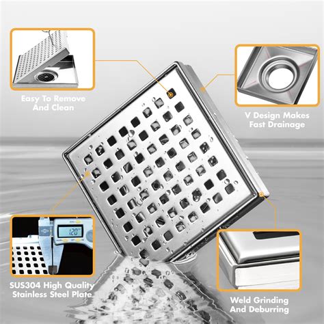 Square Shower Floor Drain with Flange, 304 Stainless Steel, Brushed ...