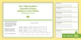 Four-Digit Numbers Expanded Column Addition Challenge Cards