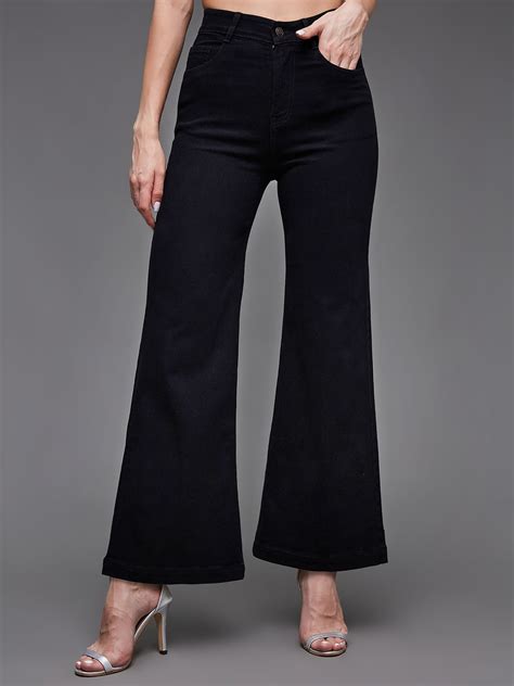 24/7 Comfort Black Wide-Leg High-Rise Stretchable Denim Jeans for Wome