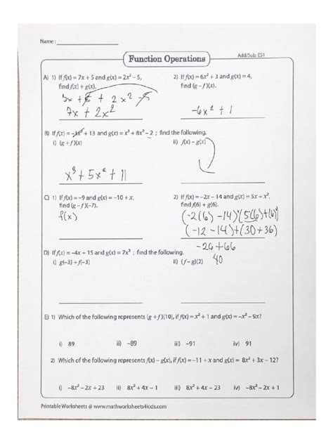 Image result for Operations On Functions Sheet