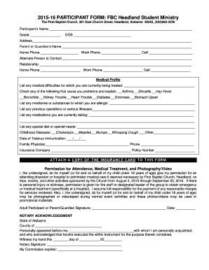 Fillable Online 2015-16 PARTICIPANT FORM FBC Headland Student Fax Email ...