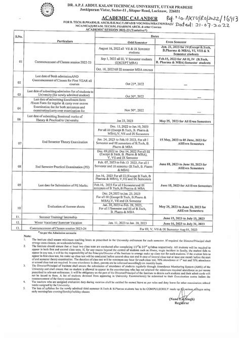 AKTU Academic Calendar 2022 23 - Computer Organization of Architecture ...