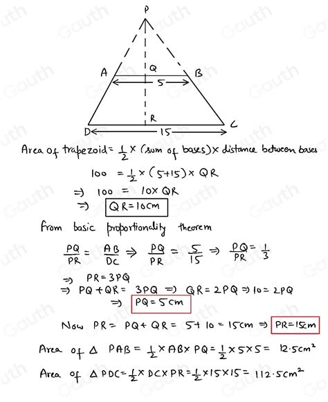 Solved: A trapezoid of area 100cm^2 has bases of 5 cm and 15 cm. Find ...