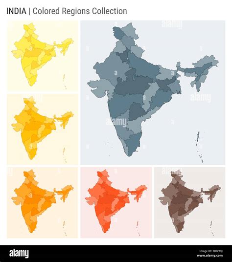 India map collection. Country shape with colored regions. Blue Grey, Yellow, Amber, Orange, Deep ...