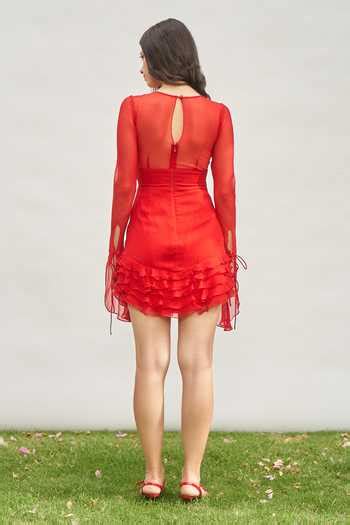 Buy Red Viscose Ruffles Sweetheart Neck Knot Detailed Front Short Dress ...