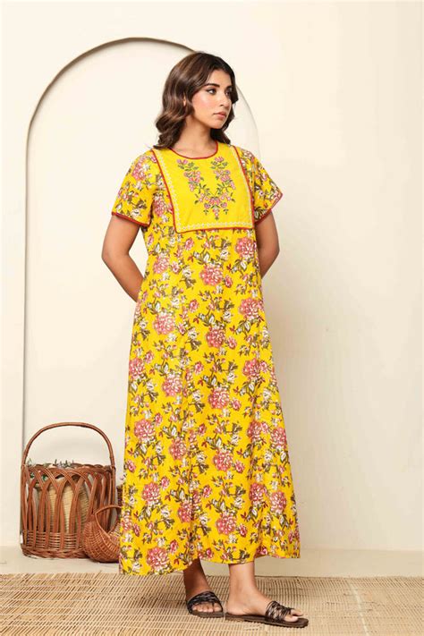 Mustard Cotton Premium Printed Embroidered Nighty