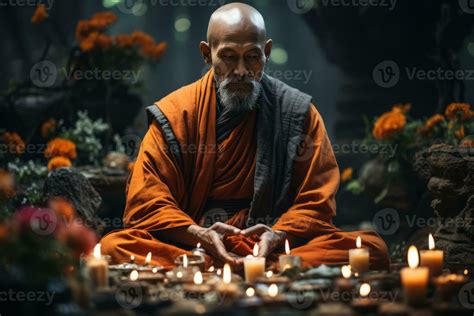 Buddhist monk meditating in a peaceful temple setting, symbolizing ...