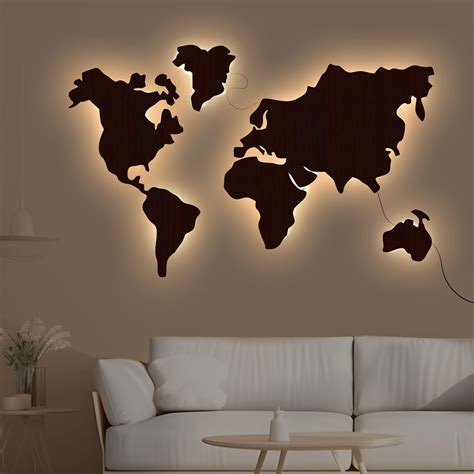 World Map Backlit Wooden Wall Decor with LED Night Light Walnut Finish ...