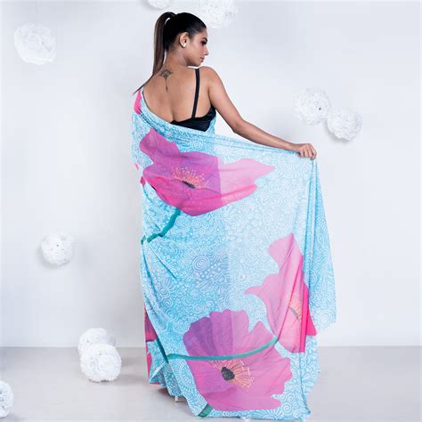 Elle georgette digital printed saree in blue color – Boveee