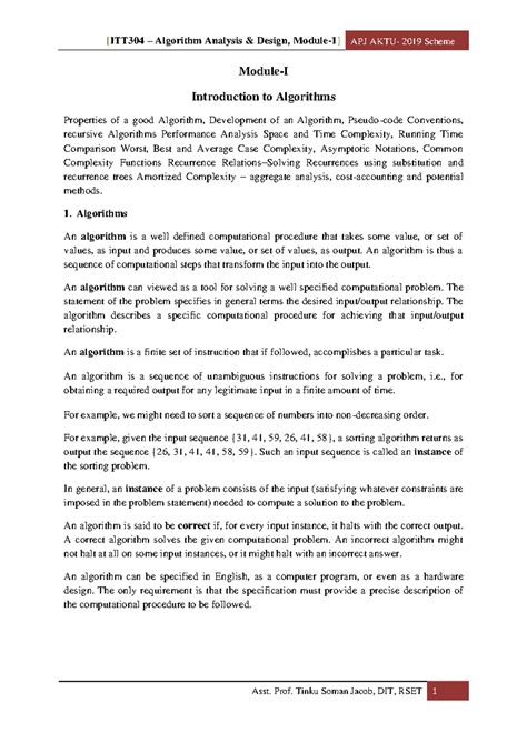 ITT304 AAD Module 1 - Introduction to Algorithms & Their Analysis - Studocu