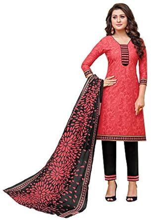 Buy S SALWAR STUDIO Women's Peach & Black Cotton Printed Unstitch Dress ...