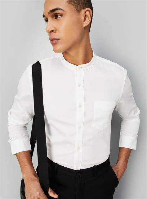 Buy Men Solid Mandarin Collar Regular Fit Casual Shirt Online at just ...