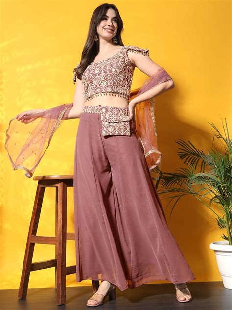 Pink Thread Embroidery Crop Top With Flared Palazzo & Pocket – Chhabra 555