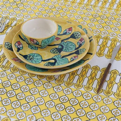 Block-Printed Cotton Dining Table Cloth Yellow – Eyaas