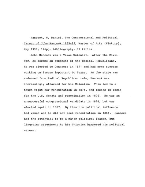 The Political and Congressional Career of John Hancock, 1865-1885 ...