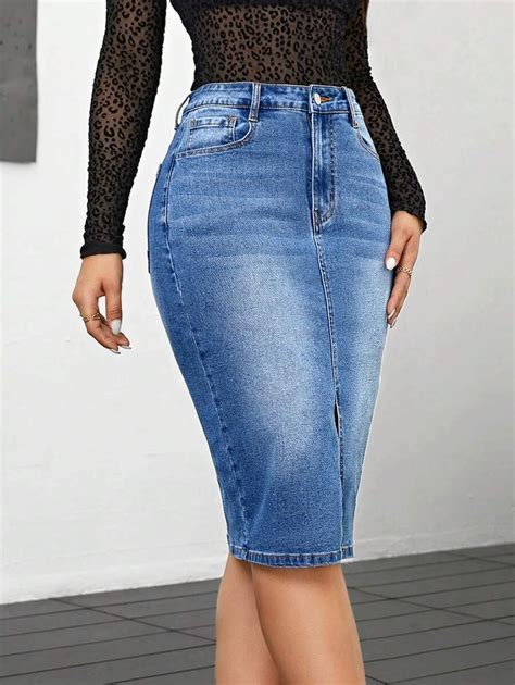 Women's High Slit Denim Skirt | SHEIN USA