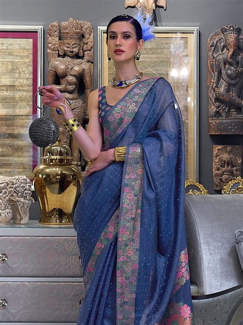 Buy Denim Blue Organza Saree online-Nitaraa