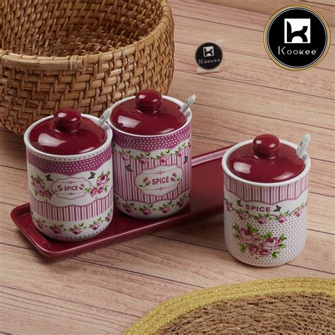Kookee Ceramic Condiment Jars and Containers Set of 3, Red (11543 ...