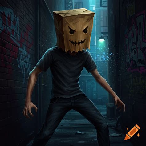 A whimsical cartoony character with a brown paper bag head and a ...