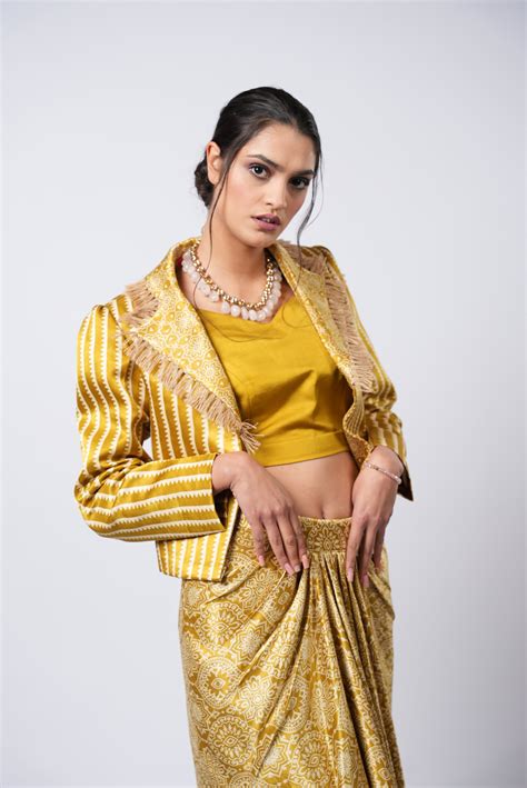 Bandhej Silk Mustard Dhoti Style Skirt Set With Cropped Jacket – Label ...